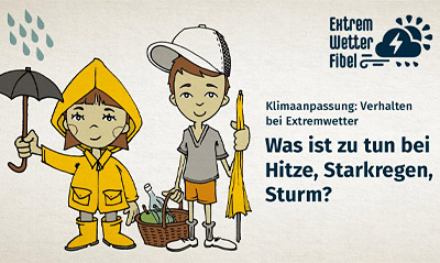 Comiczeichnung eines Mädchens mit Anorak und Regenschirm und eines Jungen in Shorts mit Picknickkorb und Sonnenschirm